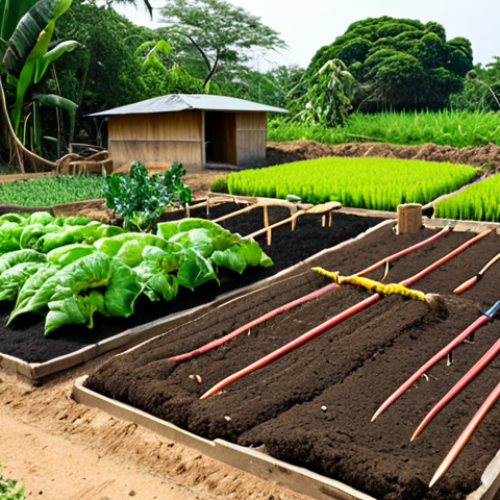 **

A vibrant, thriving organic vegetable garden in Thailand. Focus on healthy plants, rich soil covered with mulch (straw, dried leaves), and various gardening tools neatly organized. Include some Thai herbs and vegetables. The scene should convey a sense of abundance and careful planning.

**