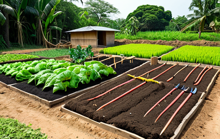 **

A vibrant, thriving organic vegetable garden in Thailand. Focus on healthy plants, rich soil covered with mulch (straw, dried leaves), and various gardening tools neatly organized. Include some Thai herbs and vegetables. The scene should convey a sense of abundance and careful planning.

**